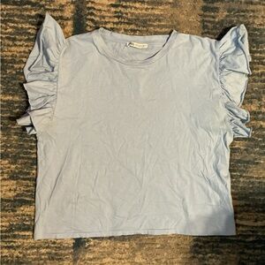 ZARA Light Blue Ruffle Sleeve Top | Feminine Cotton Tee